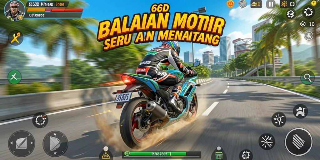 Screenshot gameplay 66D menampilkan balapan motor yang mendebarkan.