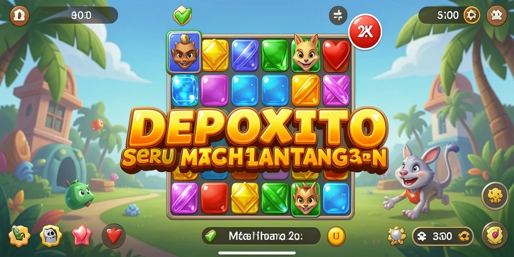 Screenshot gameplay DEPOXITO menampilkan aksi mencocokkan tiga permata berwarna.