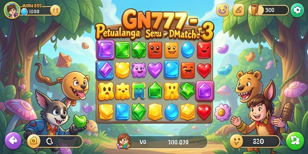 Screenshot game GN777 menunjukkan kombinasi simbol seru dalam game Match-3.