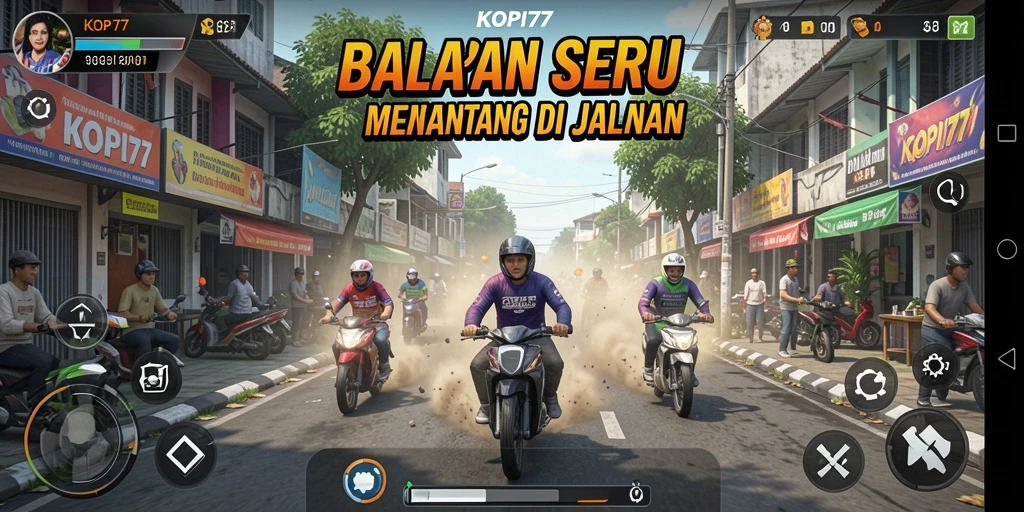 Tampilan gameplay penuh aksi di KOPI77 dengan mobil balap cepat.