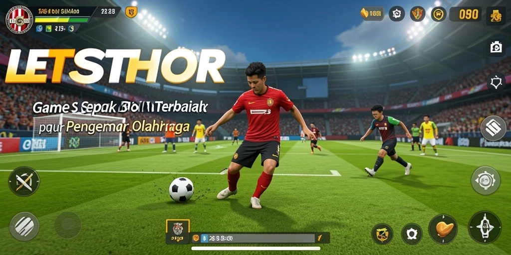 Screenshot gameplay LETSTHOR menunjukkan aksi seru di lapangan sepak bola.