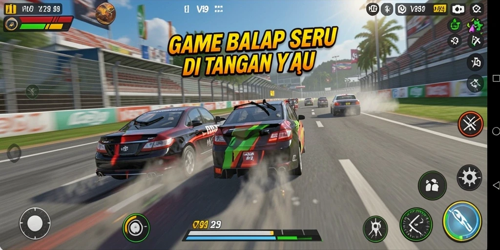 Screenshot gameplay V89 menampilkan mobil balap di trek menantang.